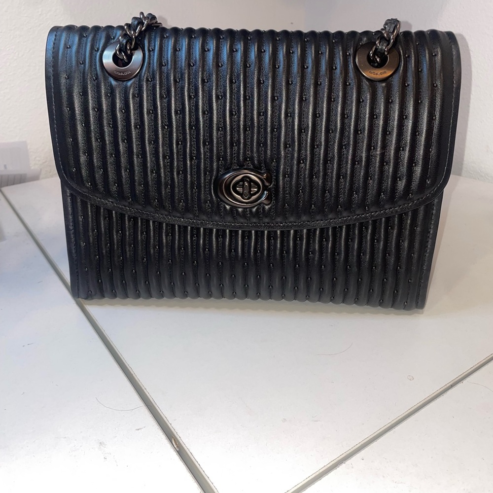 Coach Parker black quilted studded rhinestones turn lock purse